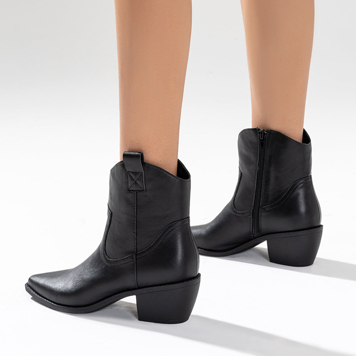 Black Western Cowboy Booties with Chunky Stacked Heel