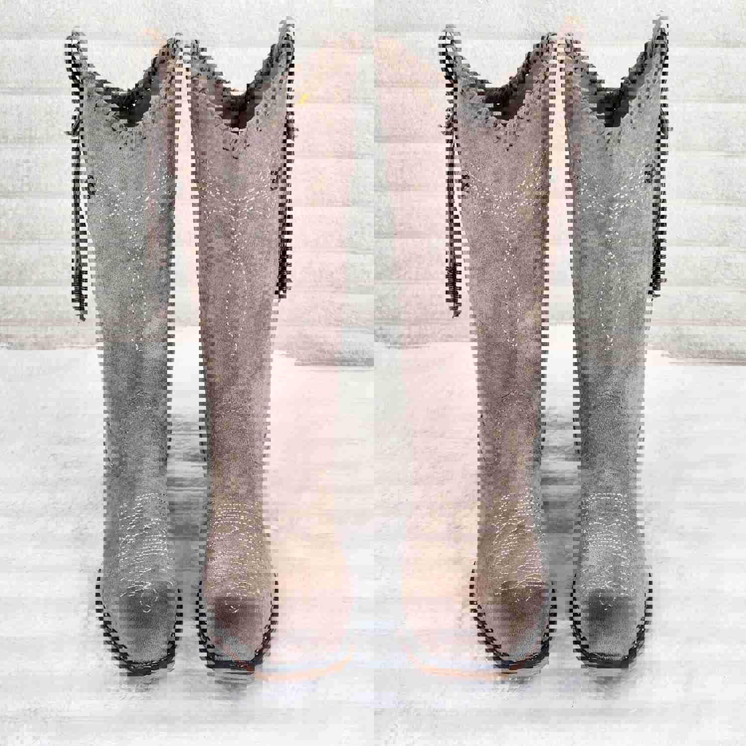 Prairie Girl Taupe Distressed Tassel Cowboy Cowgirl Pull On Mid Calf Boots