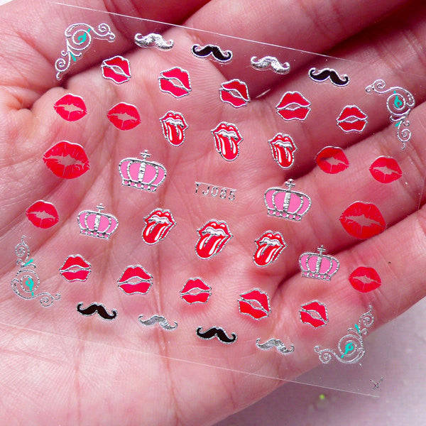 Sexy Nail Sticker (Lips, Crown, Mustache / Silver) for Nail Art and DIY Crafts