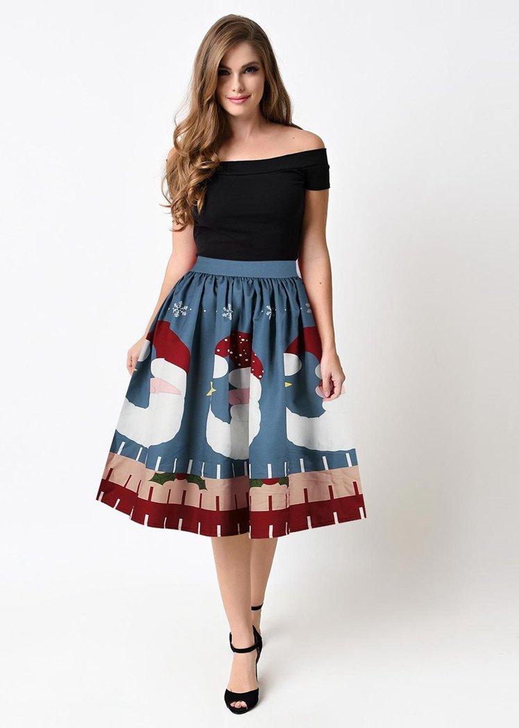 Fashion Women's Santa Claus Moon Print Christmas Dress Skirt