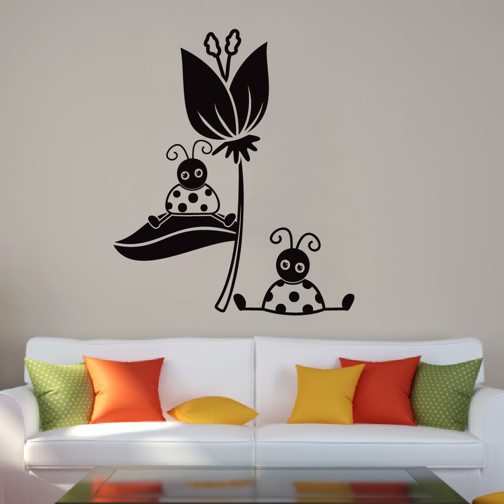 Ladybug Insect Vinyl Wall Sticker - Cute Flower & Little Ladybugs Decal