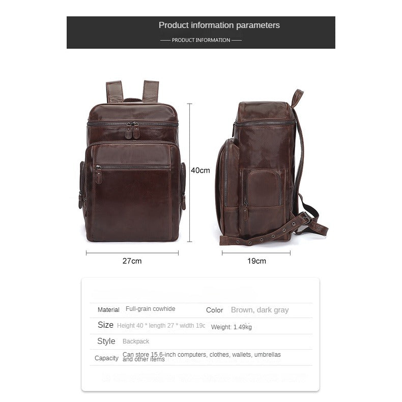Full-grain Cowhide Leather Computer Backpack - Large Capacity, Waterproof, Retro Style