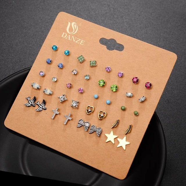 DANZE Punk 20 Pairs Pack Set Mixed Stud Earrings for Women - Crystal & Simulated Pearl Fashion Jewelry