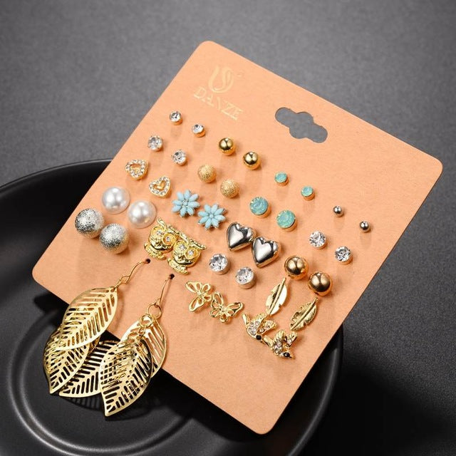 DANZE Punk 20 Pairs Pack Set Mixed Stud Earrings for Women - Crystal & Simulated Pearl Fashion Jewelry