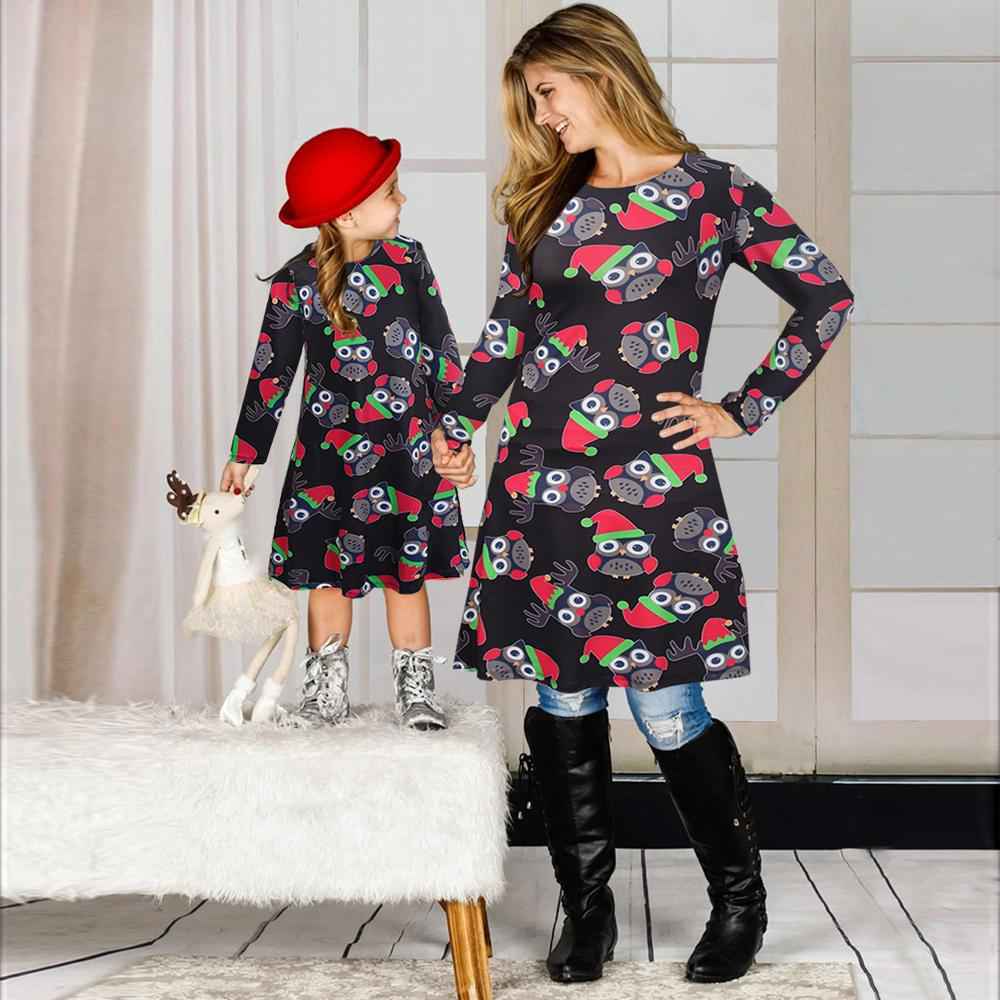 Fashion Christmas Owls Print Mom and Girl Dresses Long Sleeve Christmas Family Outfits