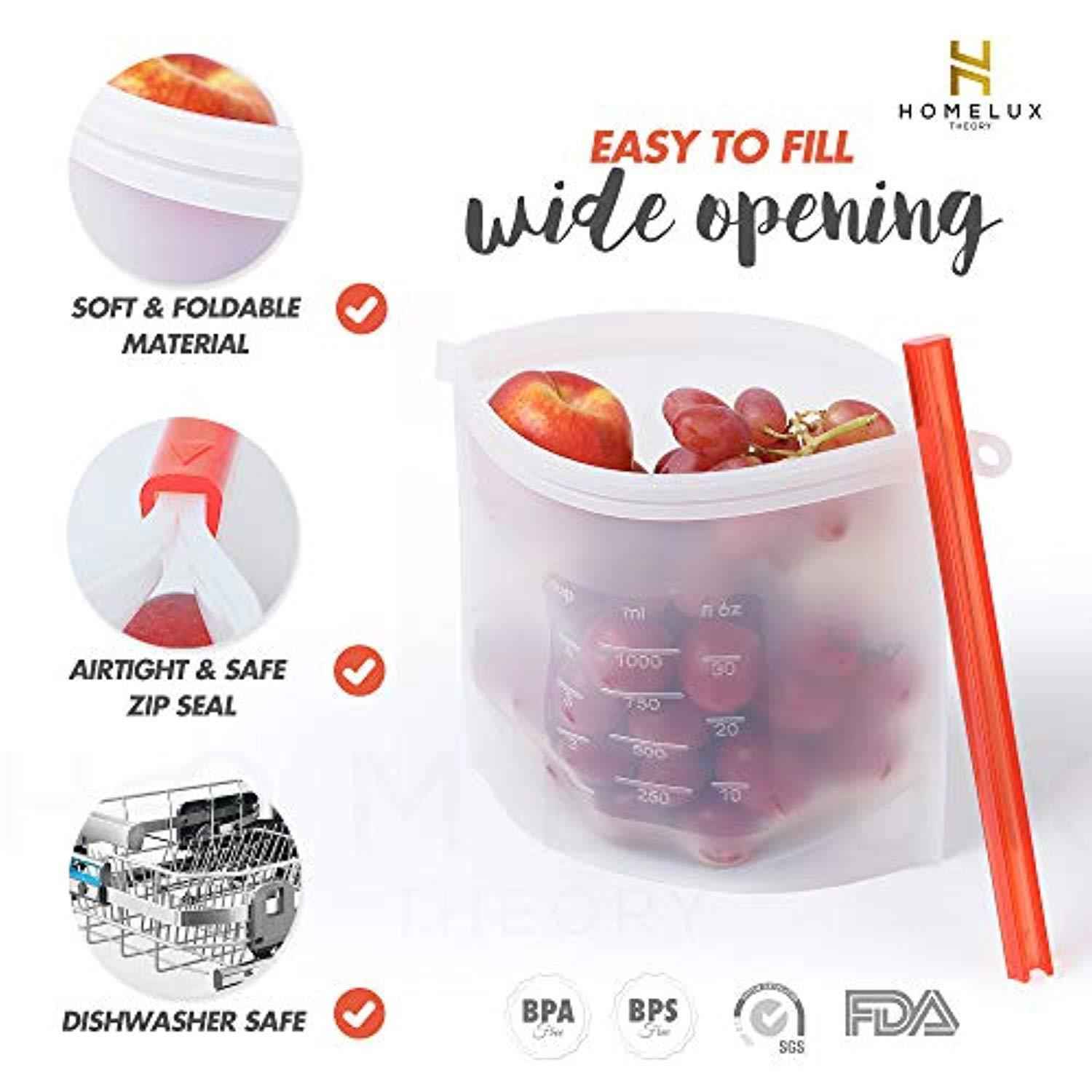 Homelux Theory Reusable Silicone Food Storage Bags - 2 Large & 2 Small, Airtight Seal for Kitchen & Freezer