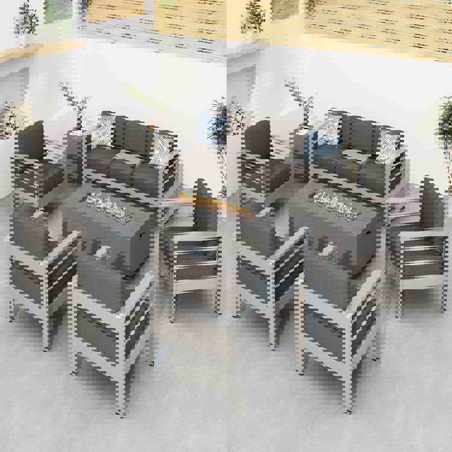 Coral Outdoor Aluminum 7 Seater Chat Set with Fire Pit