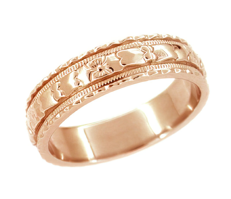 Art Deco Wide Floral Wedding Ring in 14K Rose Gold