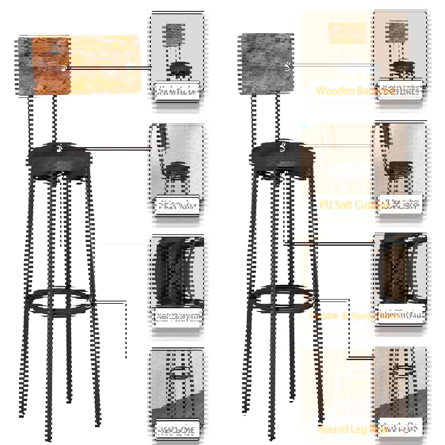 Counter Height Table Set of 3, Breakfast Bar Table and Stool Set, Minimalist Dining Table with Backrest Stools, Wood Top Pub Table & Chair Set for Kitchen Apartment Bistro