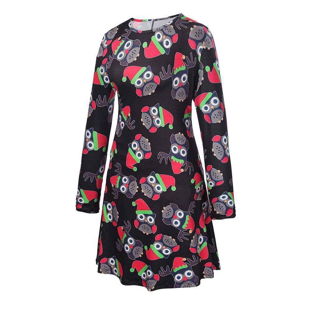 Fashion Christmas Owls Print Mom and Girl Dresses Long Sleeve Christmas Family Outfits