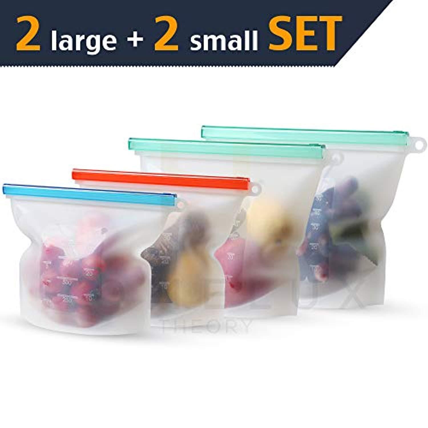 Homelux Theory Reusable Silicone Food Storage Bags - 2 Large & 2 Small, Airtight Seal for Kitchen & Freezer