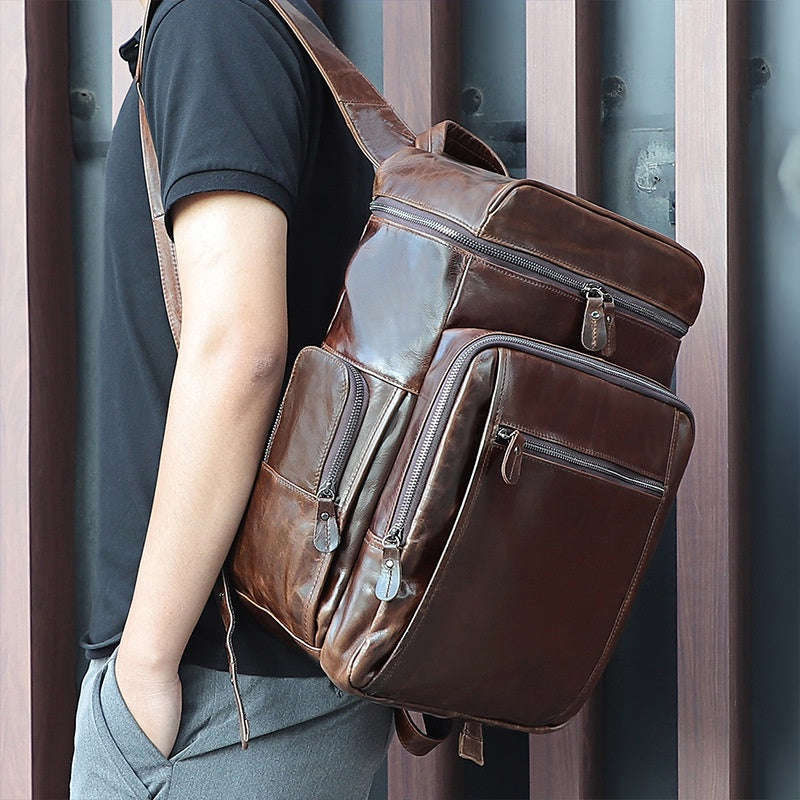 Full-grain Cowhide Leather Computer Backpack - Large Capacity, Waterproof, Retro Style