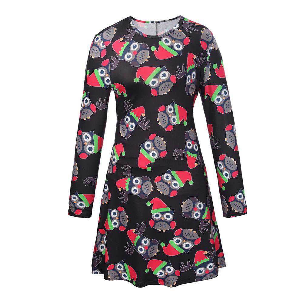 Fashion Christmas Owls Print Mom and Girl Dresses Long Sleeve Christmas Family Outfits