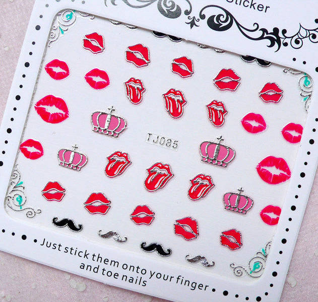 Sexy Nail Sticker (Lips, Crown, Mustache / Silver) for Nail Art and DIY Crafts