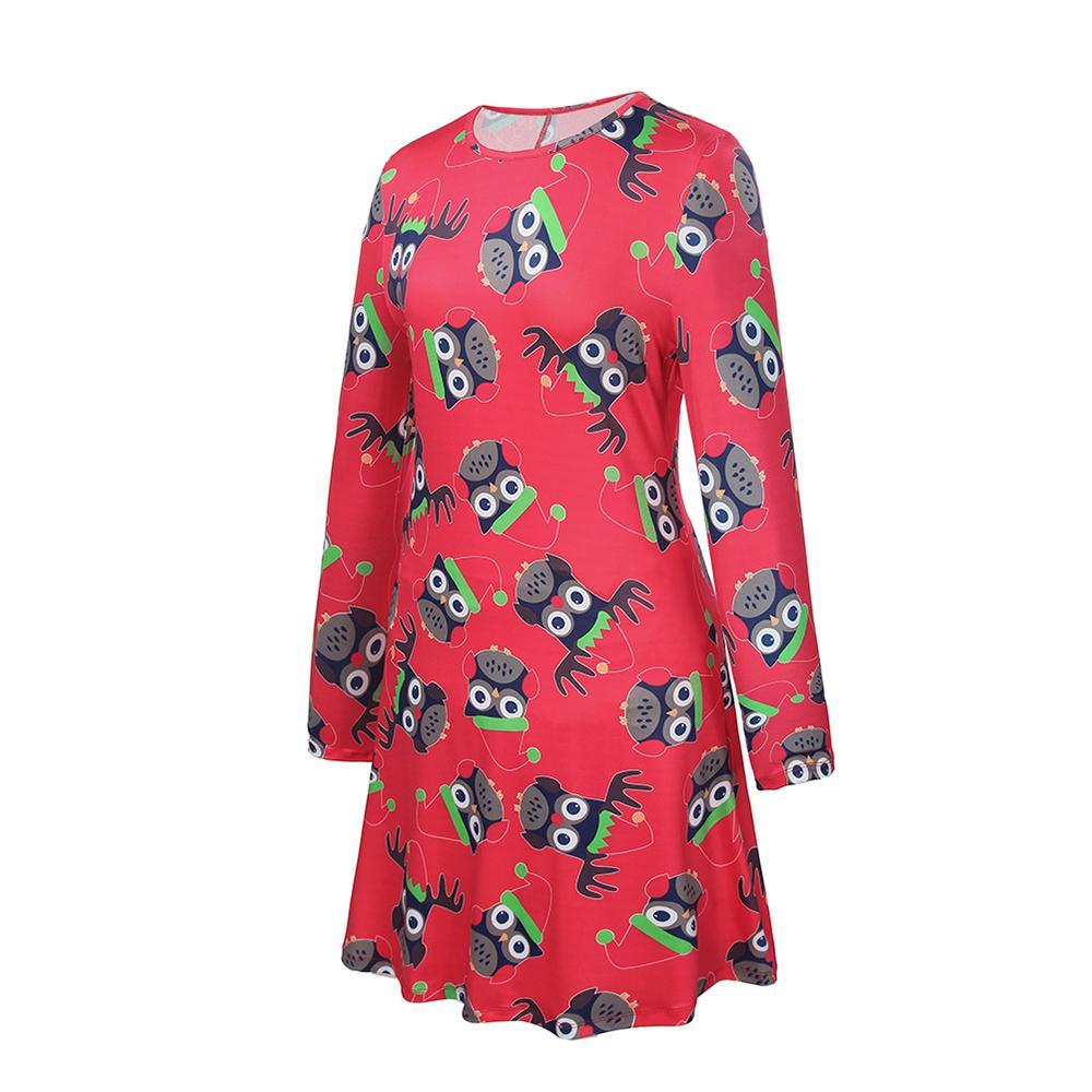 Fashion Christmas Owls Print Mom and Girl Dresses Long Sleeve Christmas Family Outfits