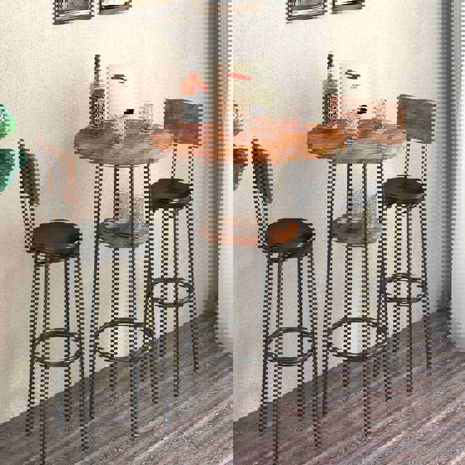 Counter Height Table Set of 3, Breakfast Bar Table and Stool Set, Minimalist Dining Table with Backrest Stools, Wood Top Pub Table & Chair Set for Kitchen Apartment Bistro