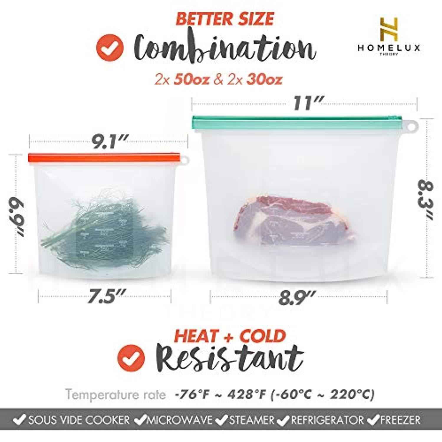 Homelux Theory Reusable Silicone Food Storage Bags - 2 Large & 2 Small, Airtight Seal for Kitchen & Freezer