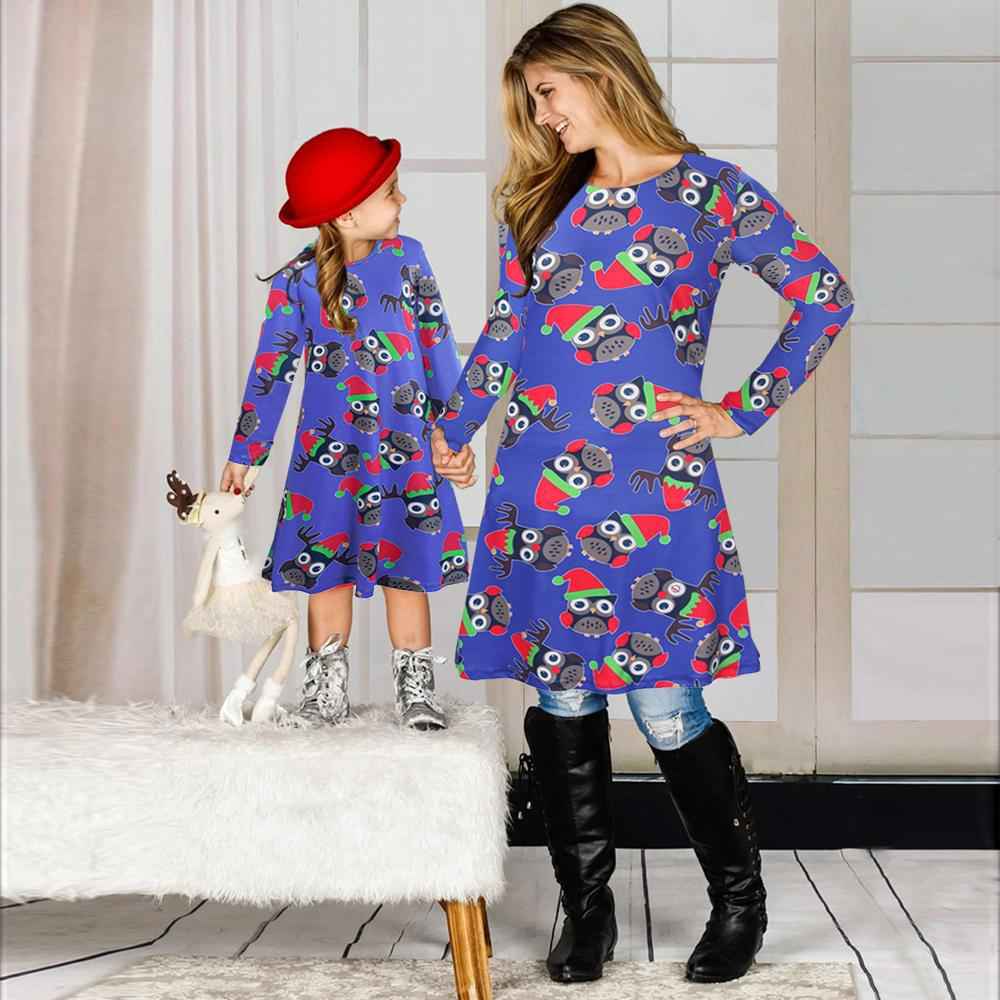 Fashion Christmas Owls Print Mom and Girl Dresses Long Sleeve Christmas Family Outfits