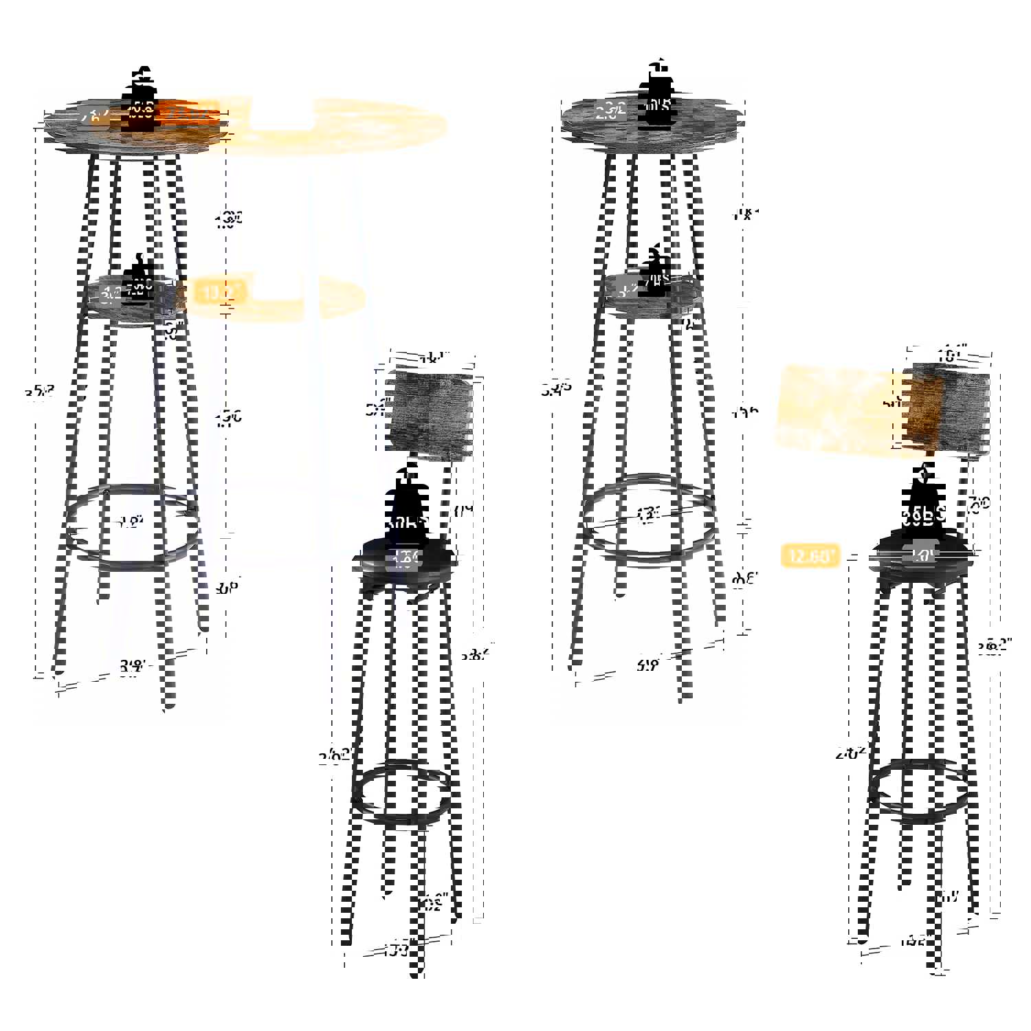 Counter Height Table Set of 3, Breakfast Bar Table and Stool Set, Minimalist Dining Table with Backrest Stools, Wood Top Pub Table & Chair Set for Kitchen Apartment Bistro