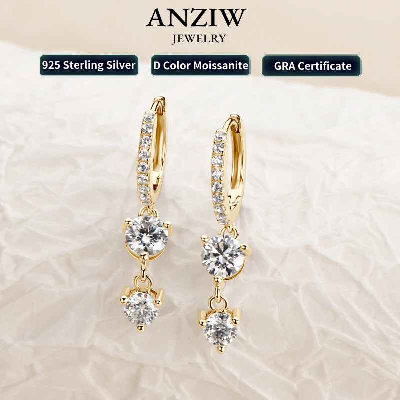 Anziw 4mm 5mm Round Moissanite Long Tassel Earrings - 925 Sterling Silver Women's Hoop Dangle Earrings