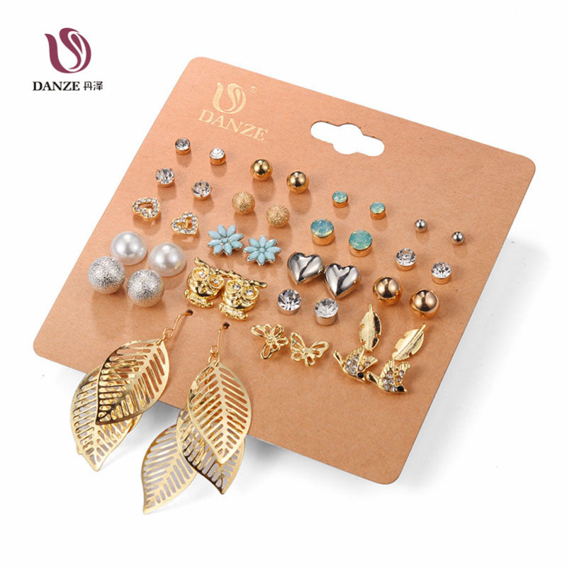 DANZE Punk 20 Pairs Pack Set Mixed Stud Earrings for Women - Crystal & Simulated Pearl Fashion Jewelry