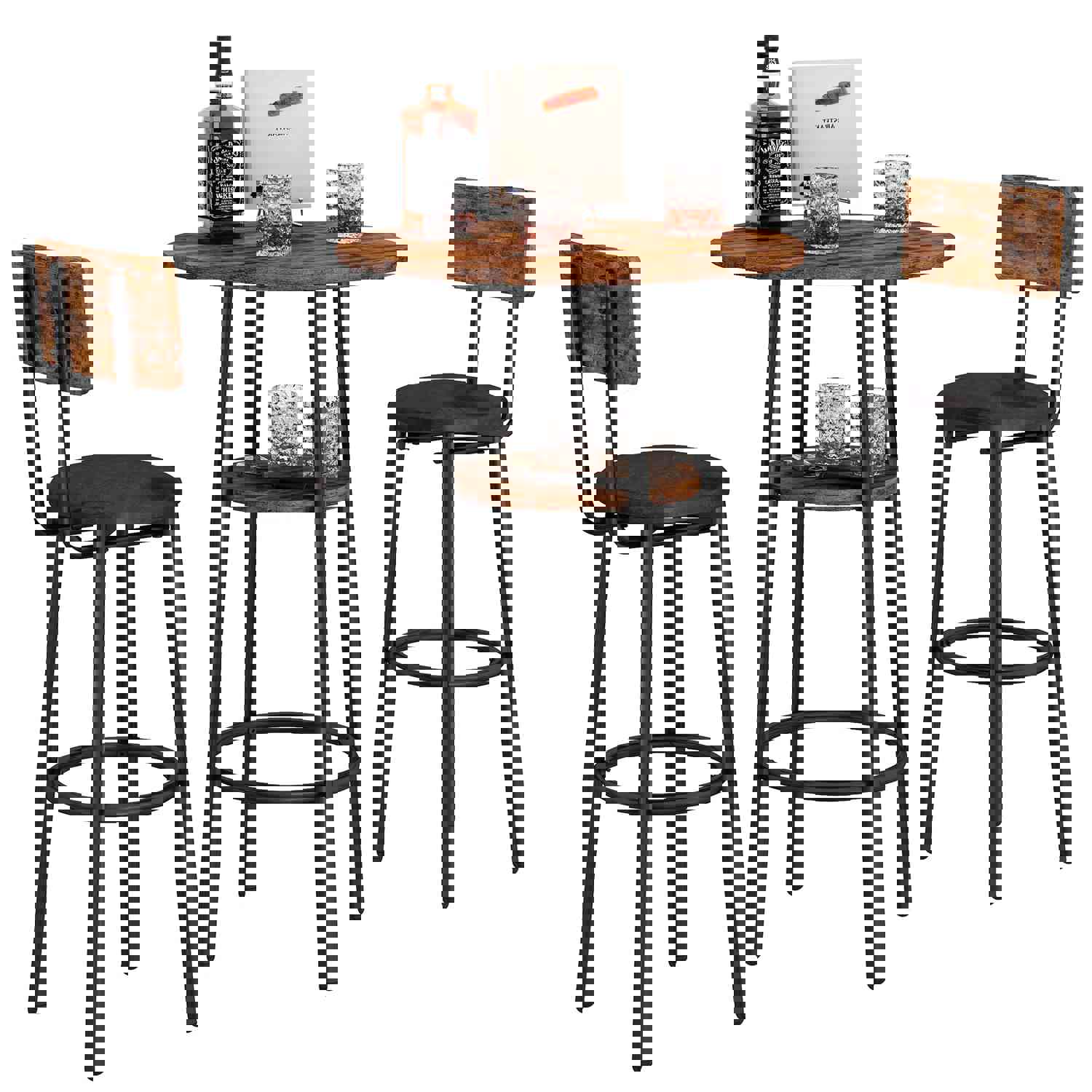 Counter Height Table Set of 3, Breakfast Bar Table and Stool Set, Minimalist Dining Table with Backrest Stools, Wood Top Pub Table & Chair Set for Kitchen Apartment Bistro