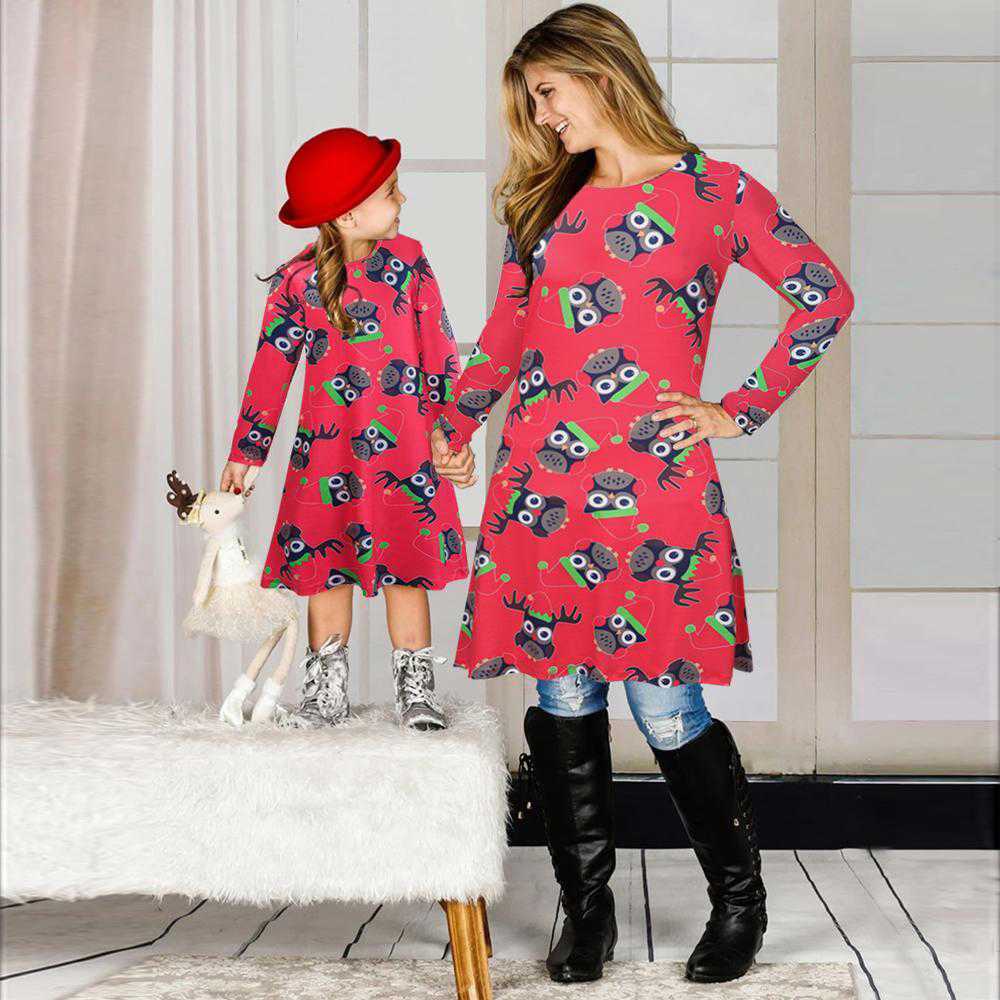 Fashion Christmas Owls Print Mom and Girl Dresses Long Sleeve Christmas Family Outfits