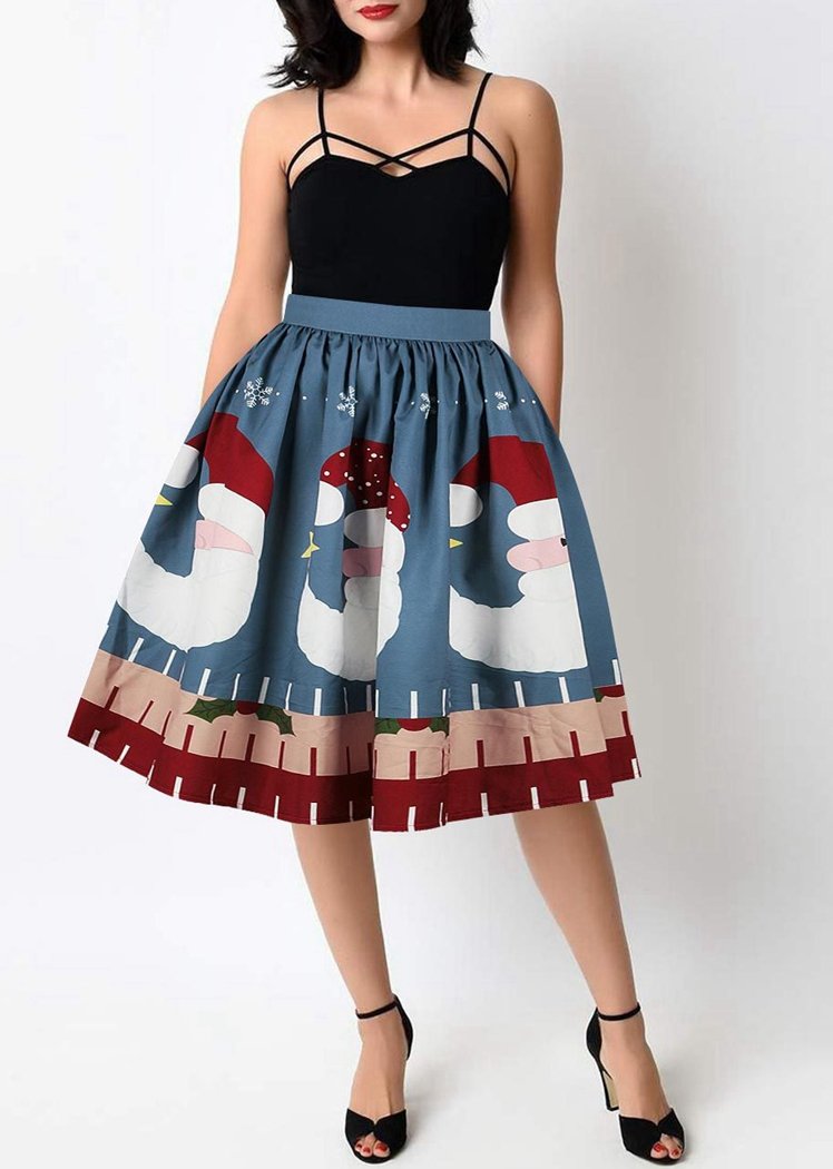 Fashion Women's Santa Claus Moon Print Christmas Dress Skirt