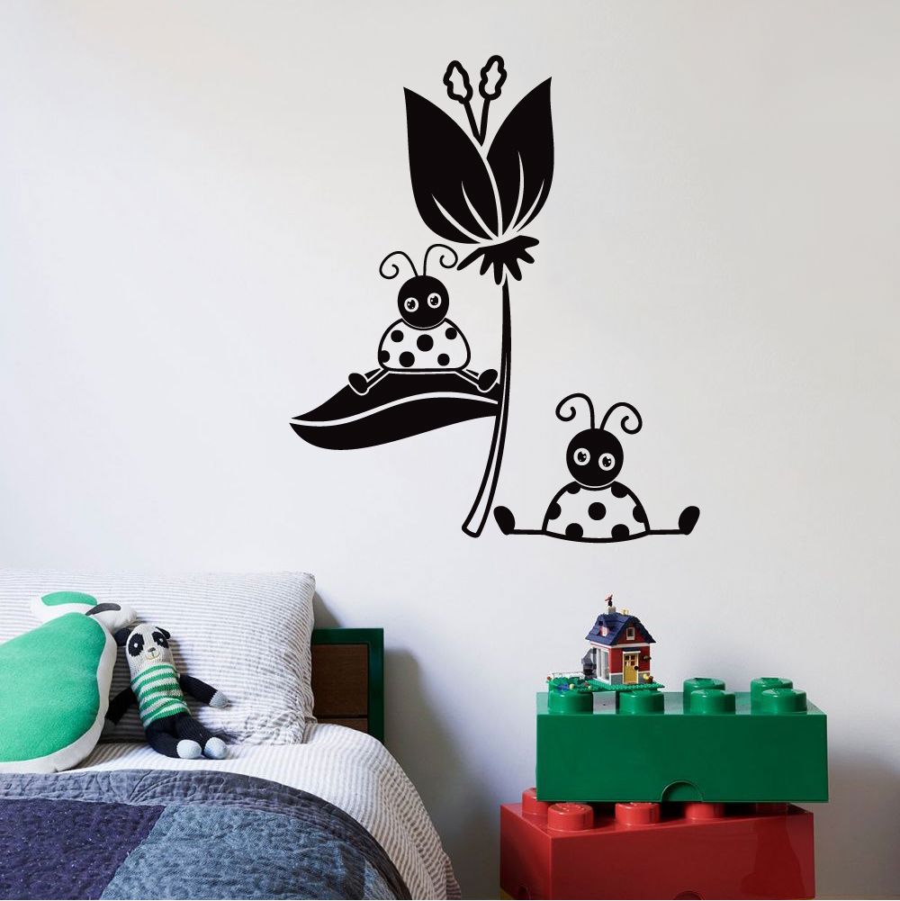 Ladybug Insect Vinyl Wall Sticker - Cute Flower & Little Ladybugs Decal