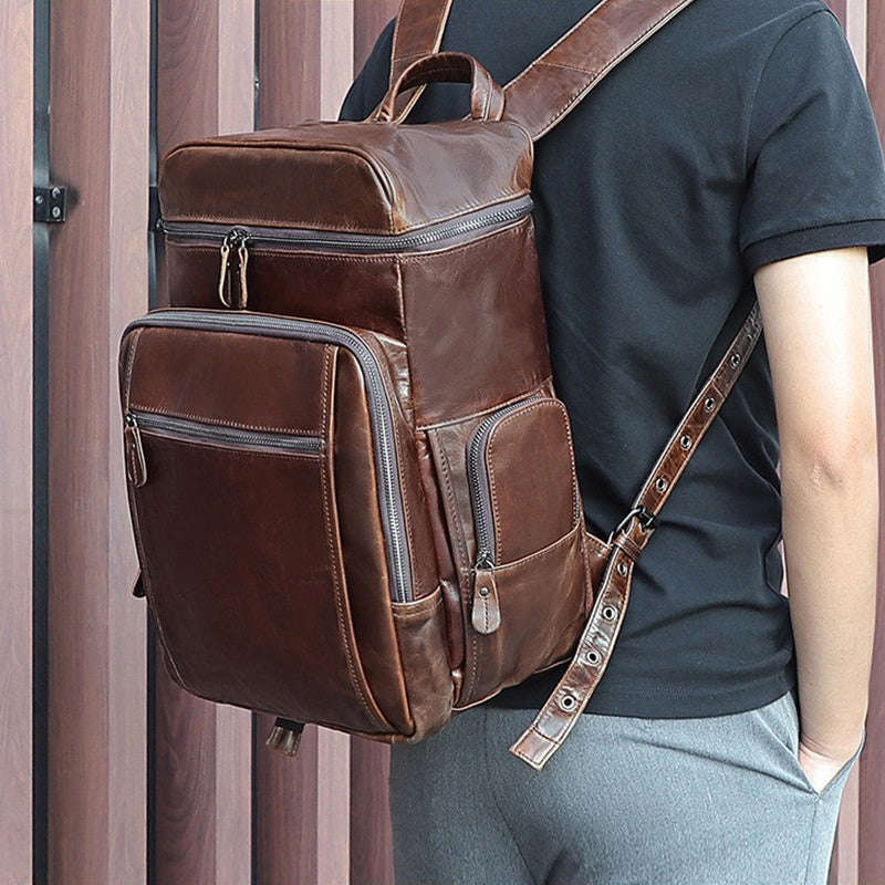 Full-grain Cowhide Leather Computer Backpack - Large Capacity, Waterproof, Retro Style