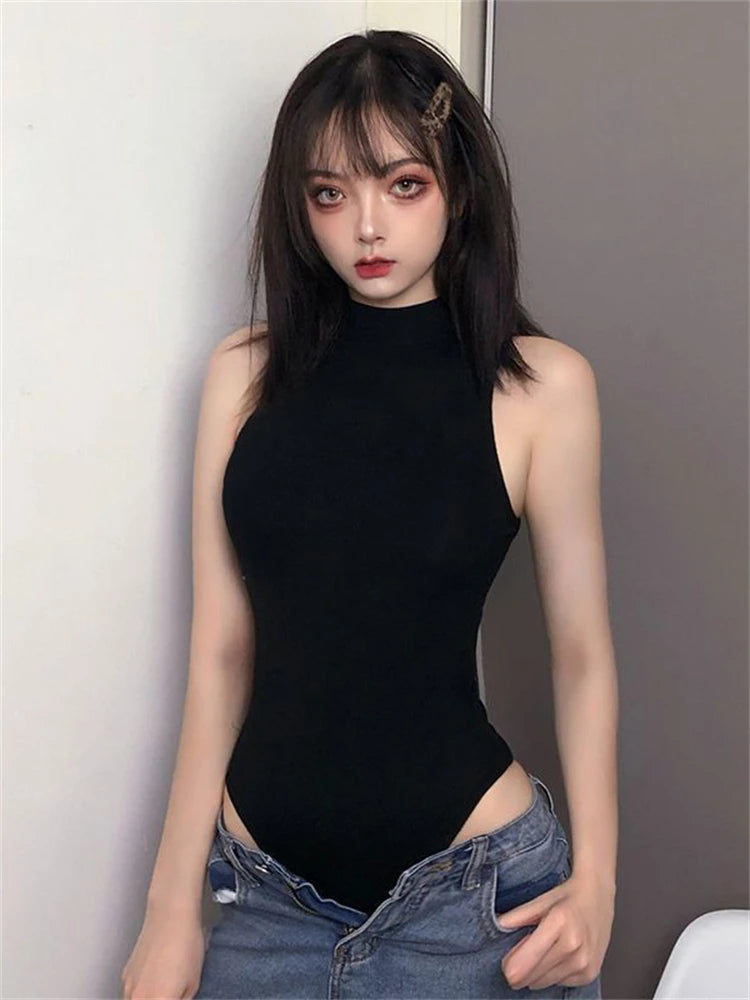 Nukty Harajuku Solid Jumpsuit Women Sleeveless Bodycon Sexy Black Body Tops Fashion Streetwear Vintage Y2k Gothic Bodysuits