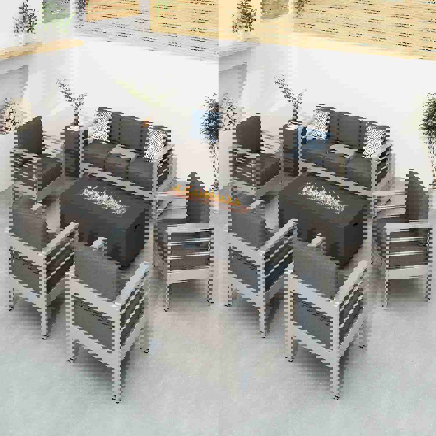 Coral Outdoor Aluminum 7 Seater Chat Set with Fire Pit