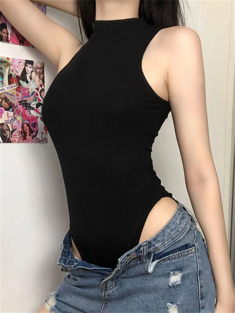 Nukty Harajuku Solid Jumpsuit Women Sleeveless Bodycon Sexy Black Body Tops Fashion Streetwear Vintage Y2k Gothic Bodysuits