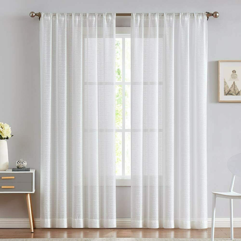 Linen Textured Sheer Curtains Rod Pocket Drapes for Bedroom (2 Panels)