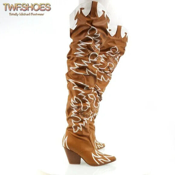 CR Kelsey 21 Rock Star Tan & White Western Slouch OTK Thigh High Cowboy Boot