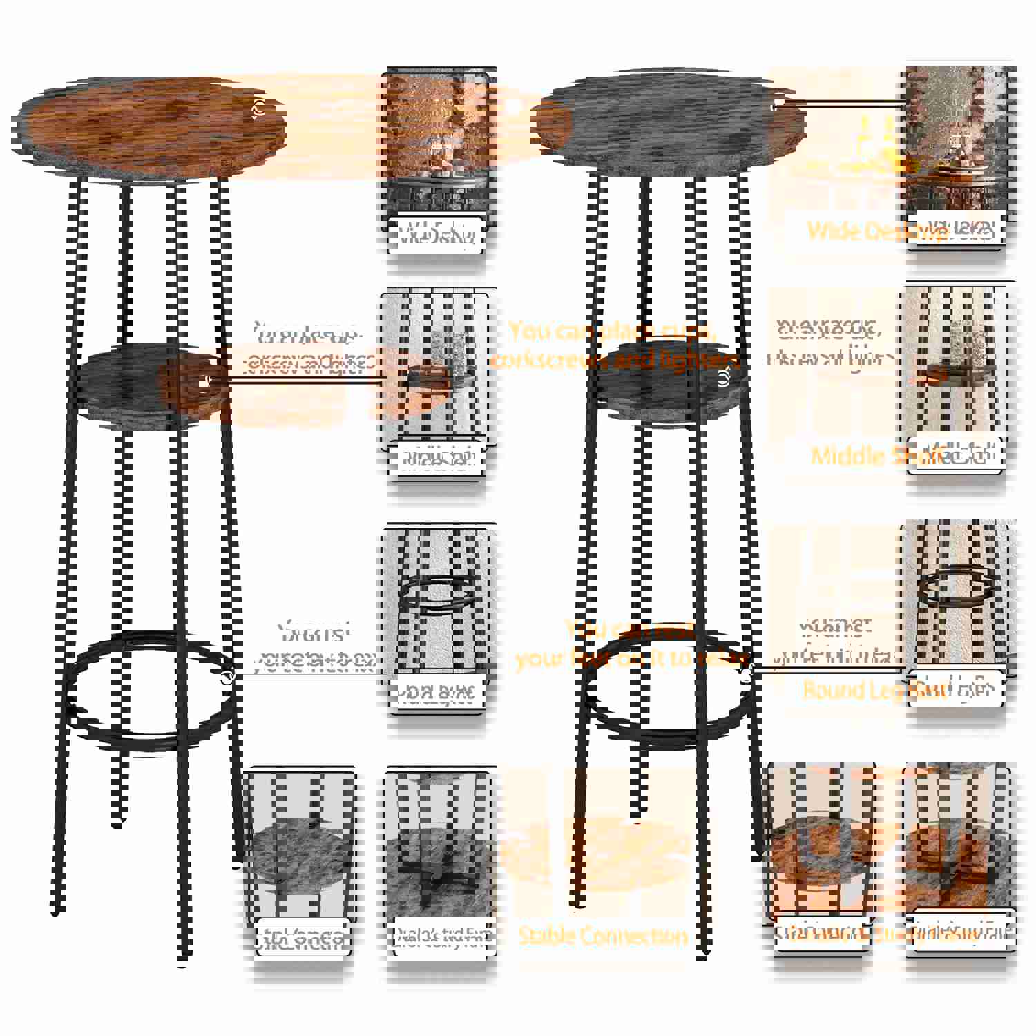 Counter Height Table Set of 3, Breakfast Bar Table and Stool Set, Minimalist Dining Table with Backrest Stools, Wood Top Pub Table & Chair Set for Kitchen Apartment Bistro