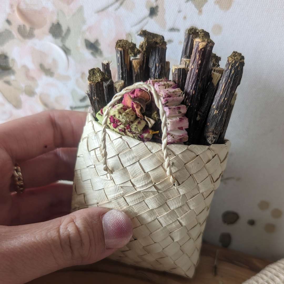 Buri Palm Bag Bunny Chew Toy with Apple Wood Sticks