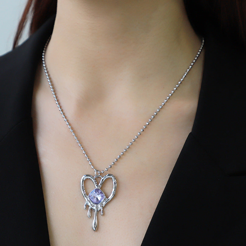 Metal Heart Jeweled Pendant Women's Necklace - Irregular Liquid Pattern Design