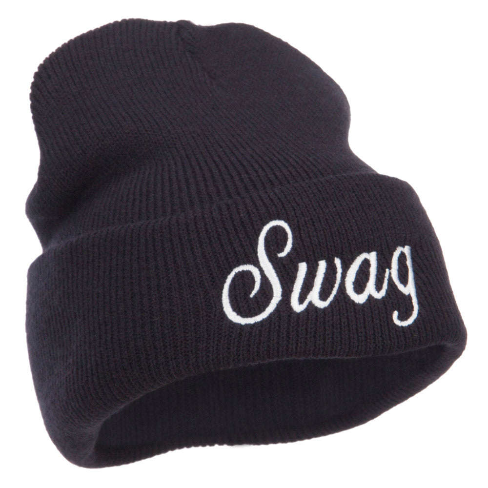White SWAG Embroidered Long Beanie - Unisex Winter Hat