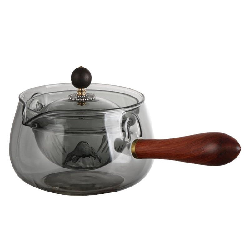 Semi-automatic Rotary Heat-resistant Glass Teapot with Infuser and Wooden Handle