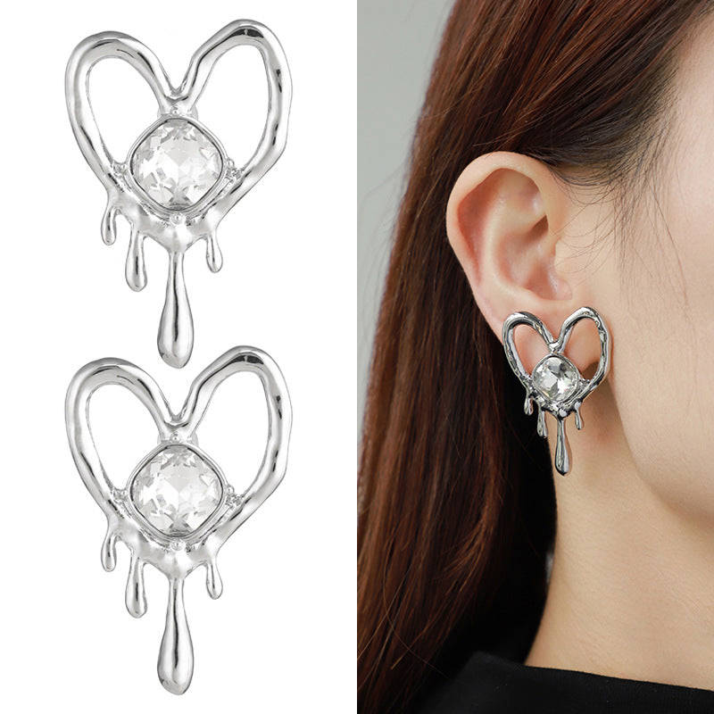 Metal Heart Jeweled Pendant Women's Necklace - Irregular Liquid Pattern Design