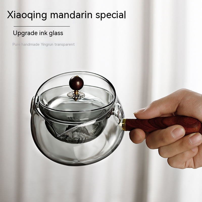 Semi-automatic Rotary Heat-resistant Glass Teapot with Infuser and Wooden Handle