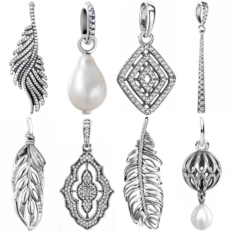 925 Sterling Silver Pearl Drop Pine Needle Feather Wheat Necklace Pendant Beads for DIY Jewelry