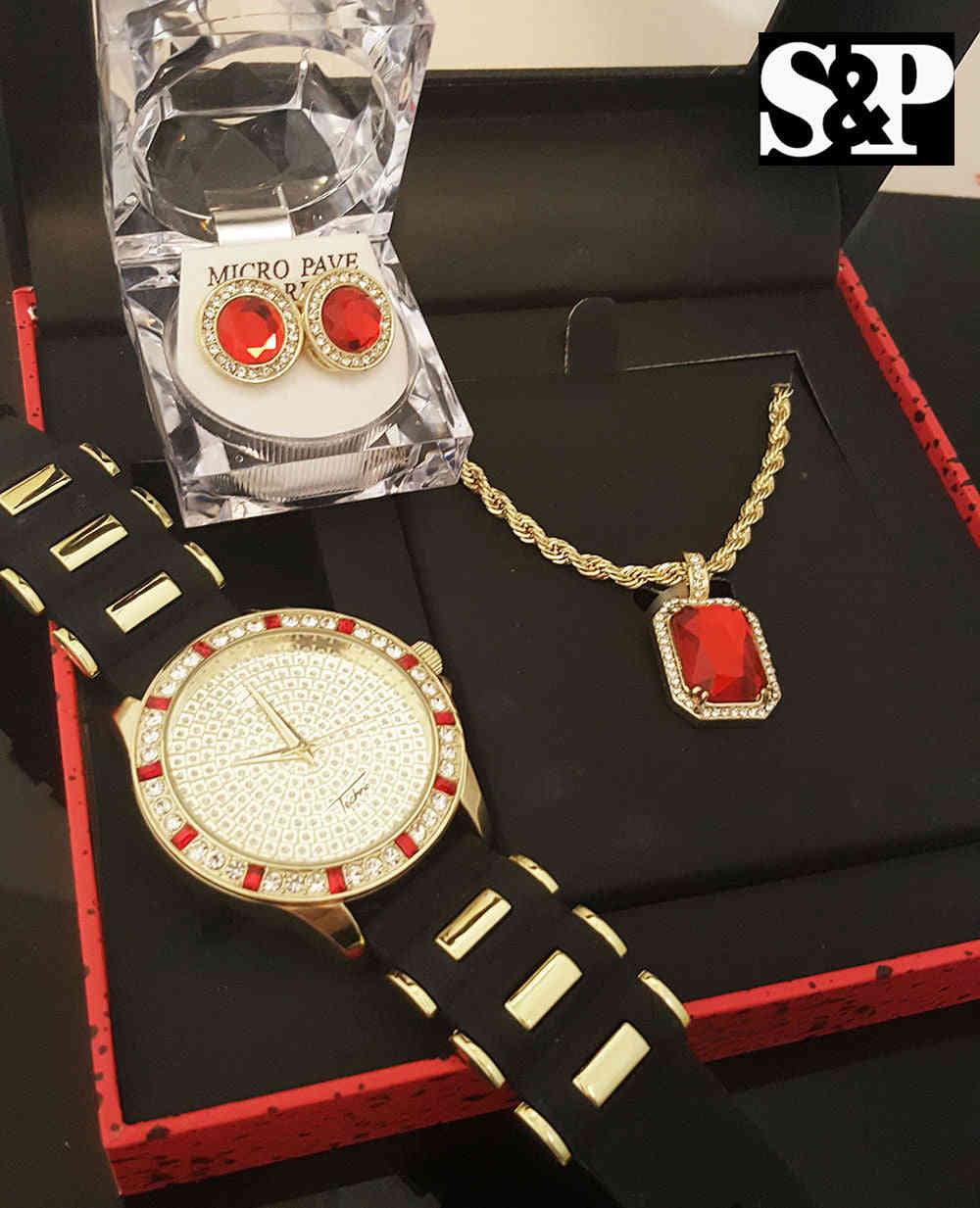 ICED OUT GOLD PT CZ WATCH, RUBY NECKLACE & EARRINGS GIFT COMBO SET