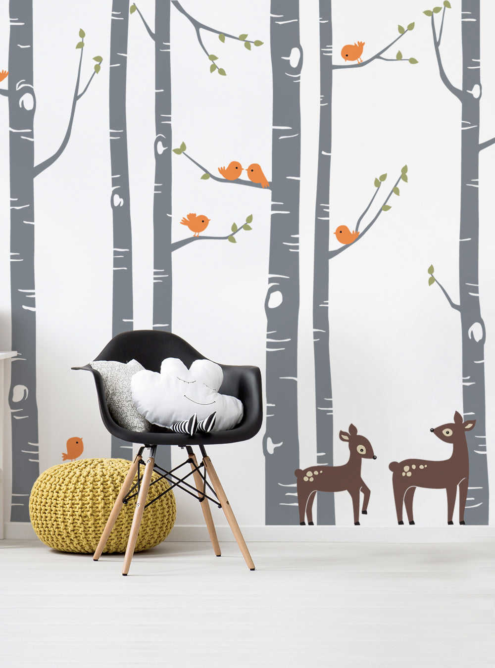 Birch Tree with Bird and Deer Wall Decal - Nature-Themed Nursery Decor