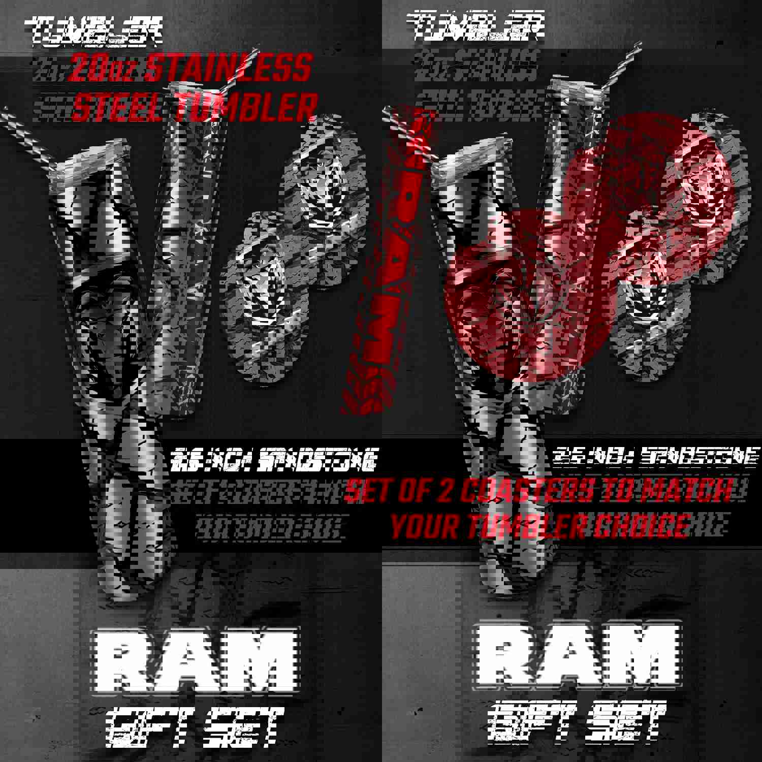 Ram Tumbler and Car Coasters - Stainless Steel & Sandstone Accessories