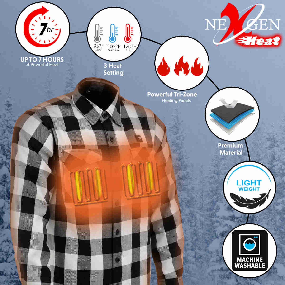 Nexgen Heat NXM1601SET Men's Heated Flannel Shirt for Outdoor Activities