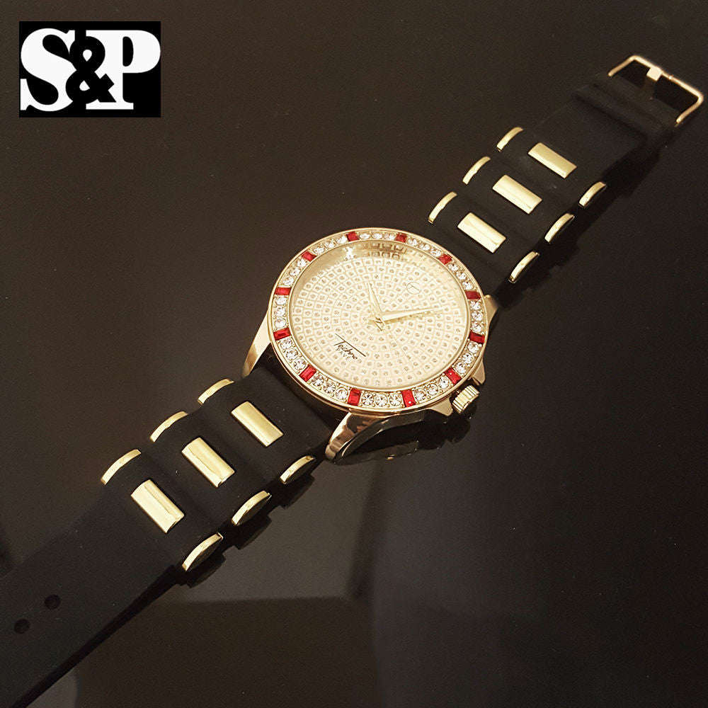 ICED OUT GOLD PT CZ WATCH, RUBY NECKLACE & EARRINGS GIFT COMBO SET