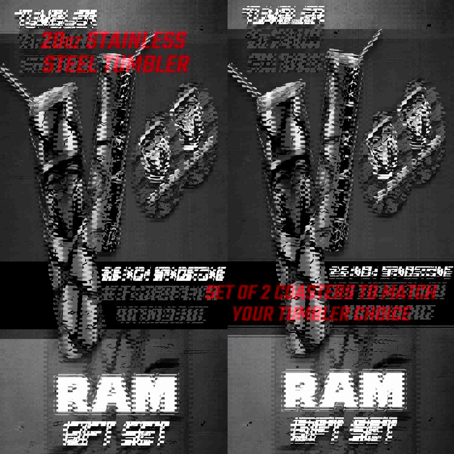 Ram Tumbler and Car Coasters - Stainless Steel & Sandstone Accessories