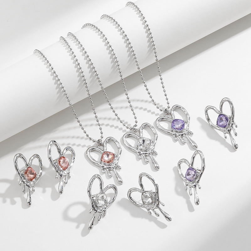 Metal Heart Jeweled Pendant Women's Necklace - Irregular Liquid Pattern Design